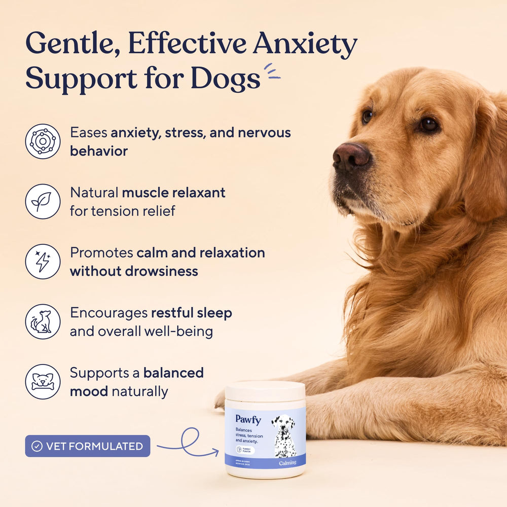 Pawfy masticables calmantes etiqueta frontal: promueven bienestar emocional en situaciones de separación.