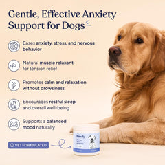 Pawfy masticables calmantes etiqueta frontal: promueven bienestar emocional en situaciones de separación.