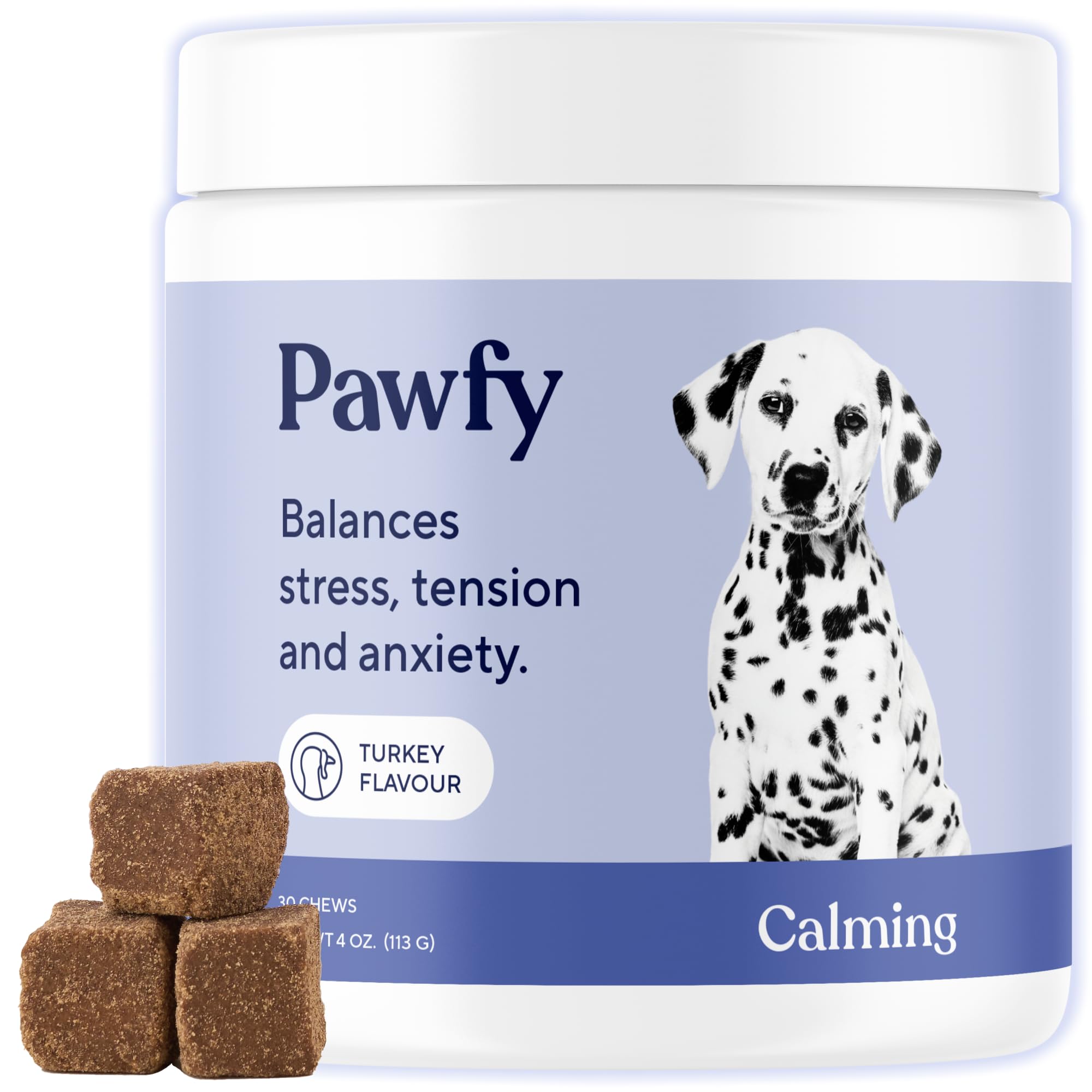 Pawfy masticables calmantes frasco: ayudan a relajar al perro durante momentos estresantes.