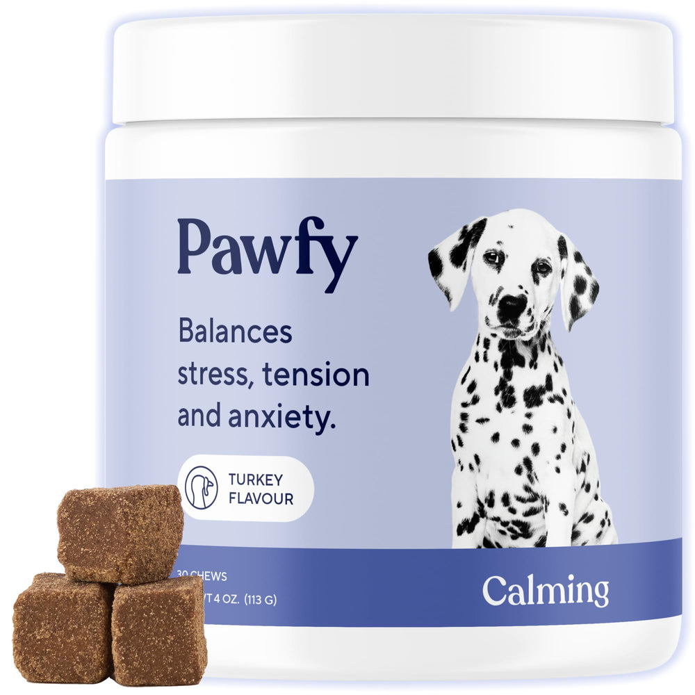 Pawfy masticables calmantes frasco: ayudan a relajar al perro durante momentos estresantes.