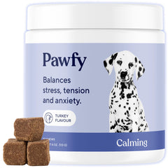 Pawfy masticables calmantes frasco: ayudan a relajar al perro durante momentos estresantes.