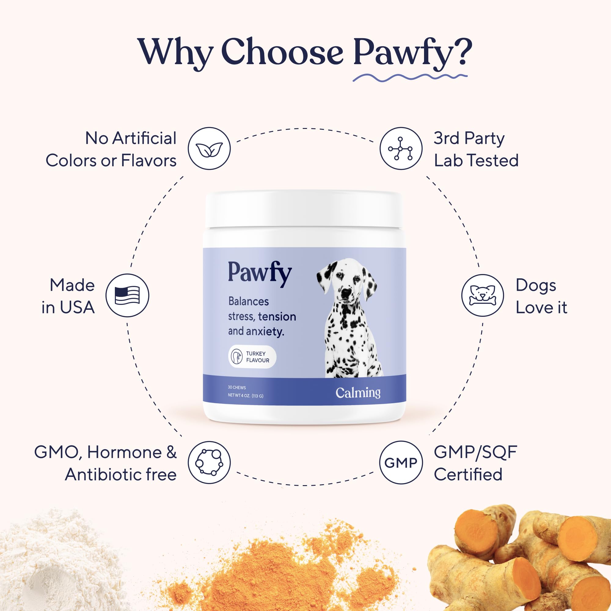 Pawfy masticables calmantes envase de treinta unidades.
