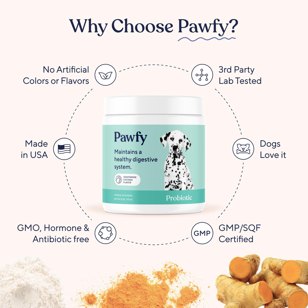 Pawfy Probióticos masticables, conveniencia para dueños y perros.