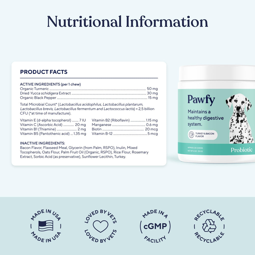 Pawfy probióticos para perros, sabor tocino que facilita la toma