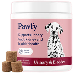 Pawfy: botella de suplemento urinario para perro con apoyo urinario.
