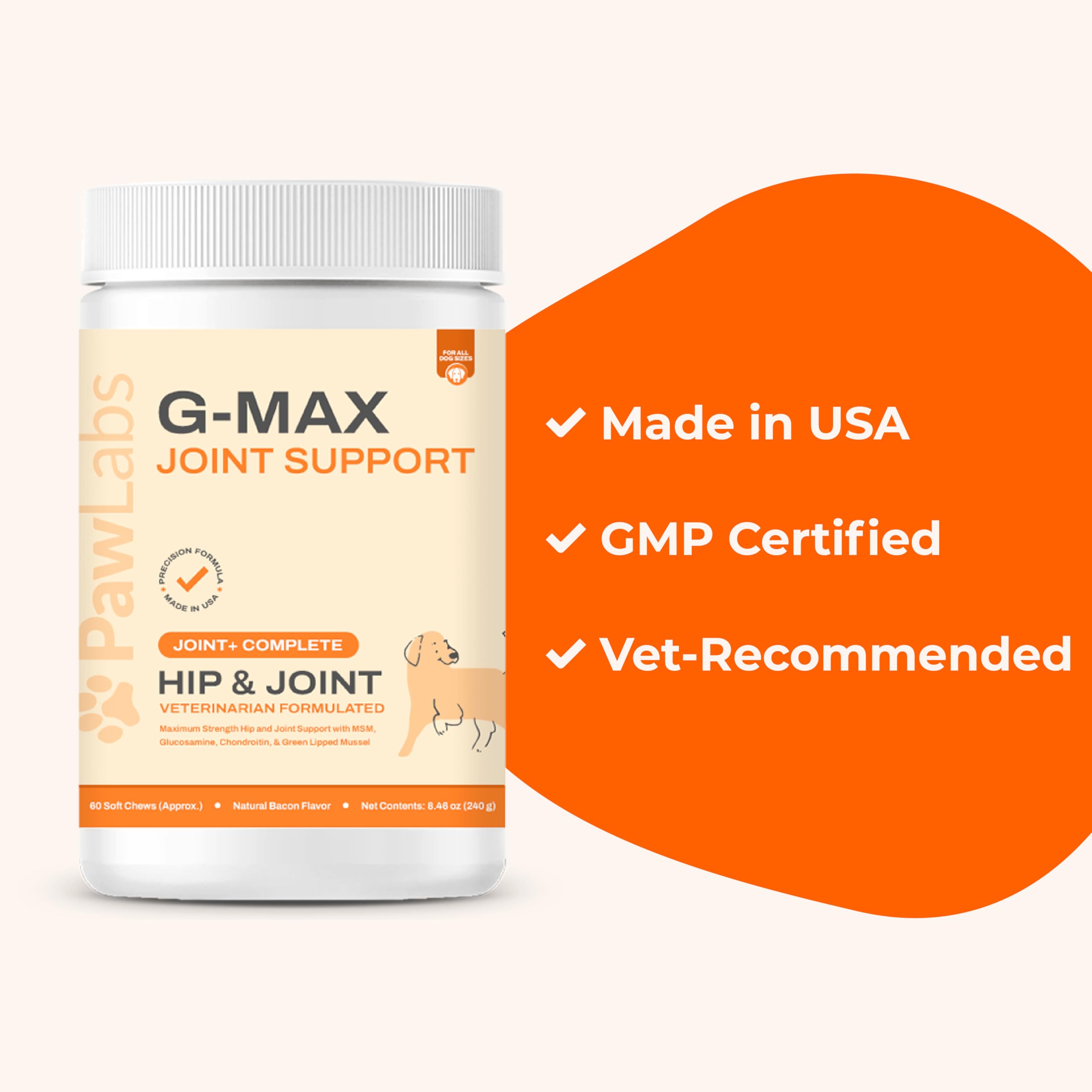 Ingredientes clave de Pawlabs G-Max para articulaciones más fuertes.