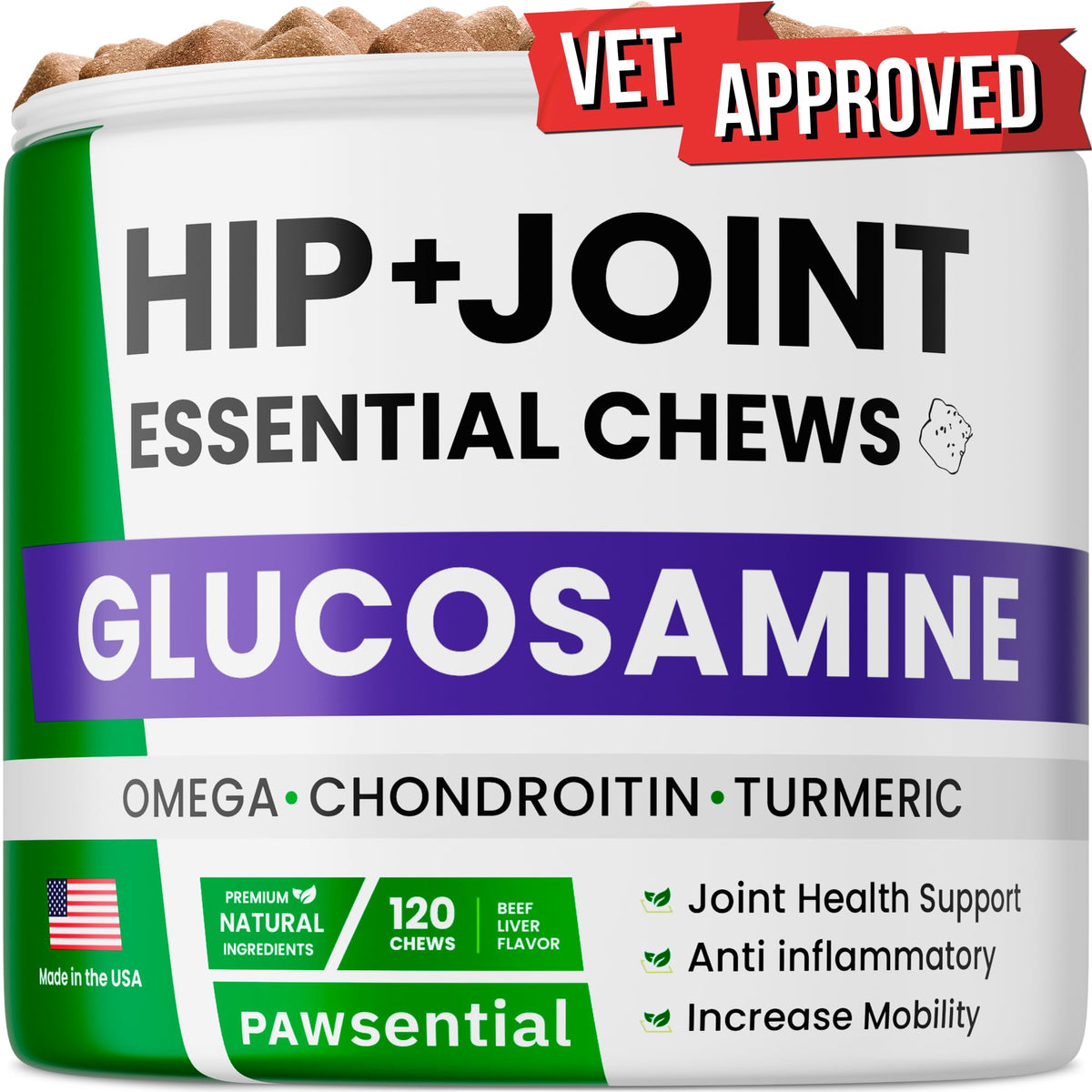 Pawsential glucosamina para perros, botella visible, soporte para movilidad diaria.