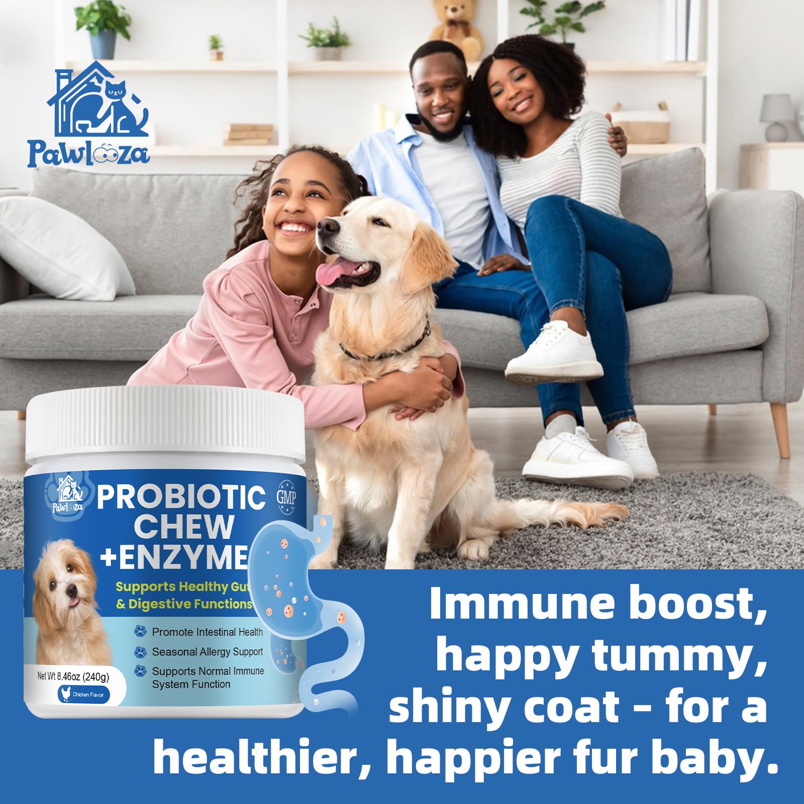 Pawlooza Probiotics: prebióticos FOS para nutrir bacterias beneficiosas.