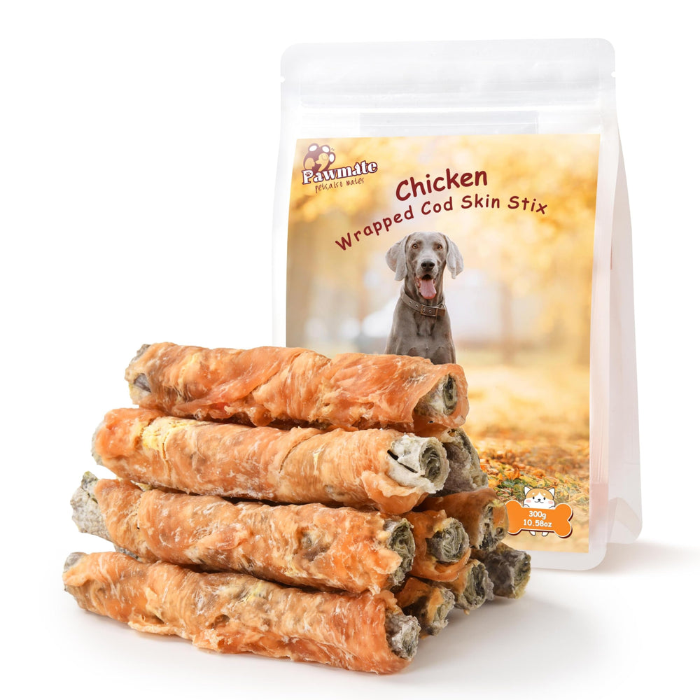 Friandises Pawmate batonnet peau de cabillaud enrobés poulet, croquantes et appétissantes pour chien.