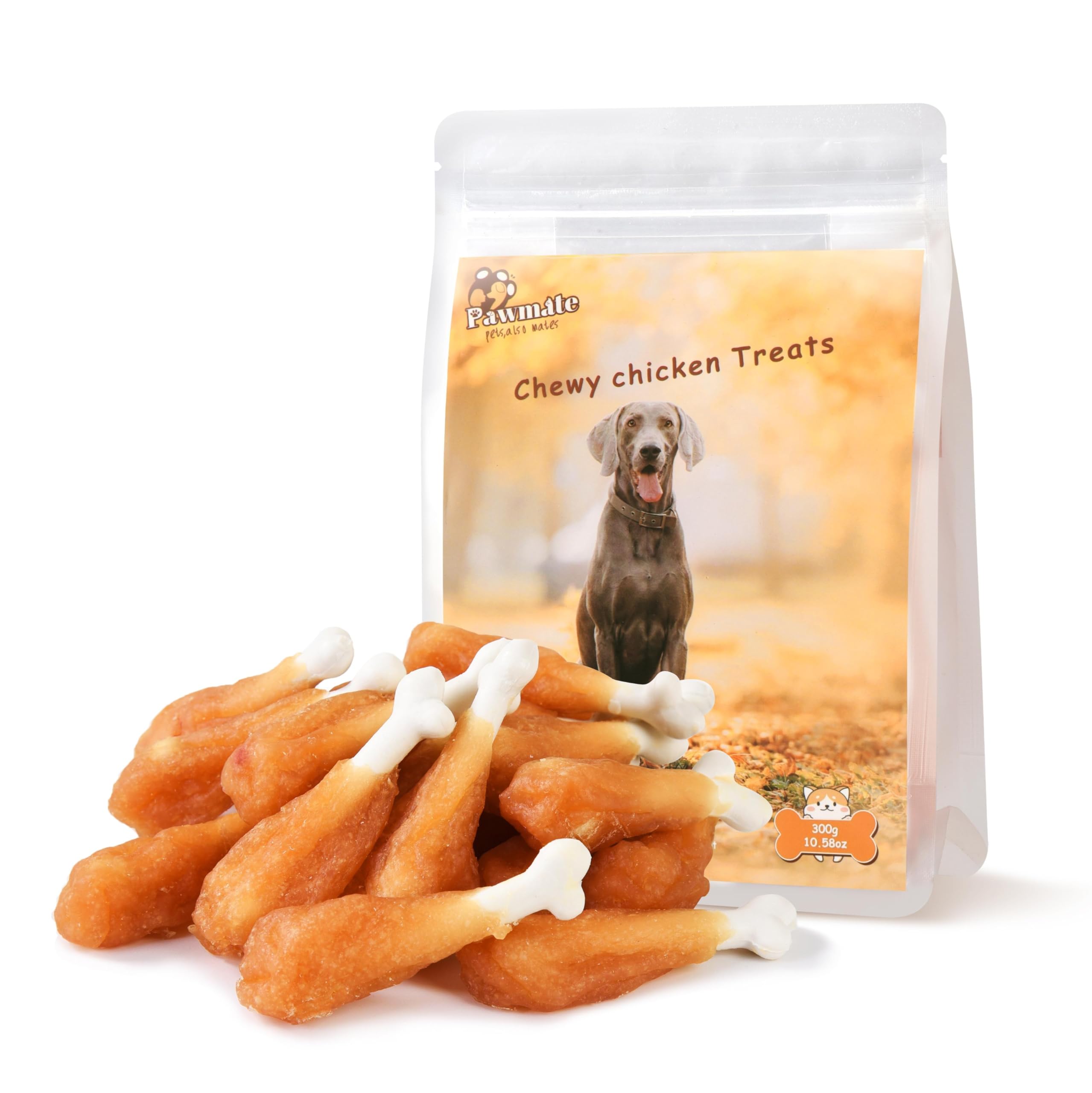 Pawmate chicken-wrapped calcium bone chew showing real chicken texture and chewy form for dogs