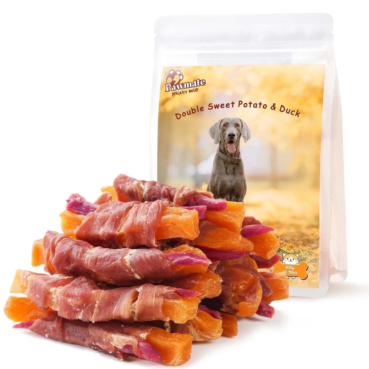 Pawmate Duck Double Purple Sweet Potato Wraps bag close-up, chewy texture ideal for training rewards