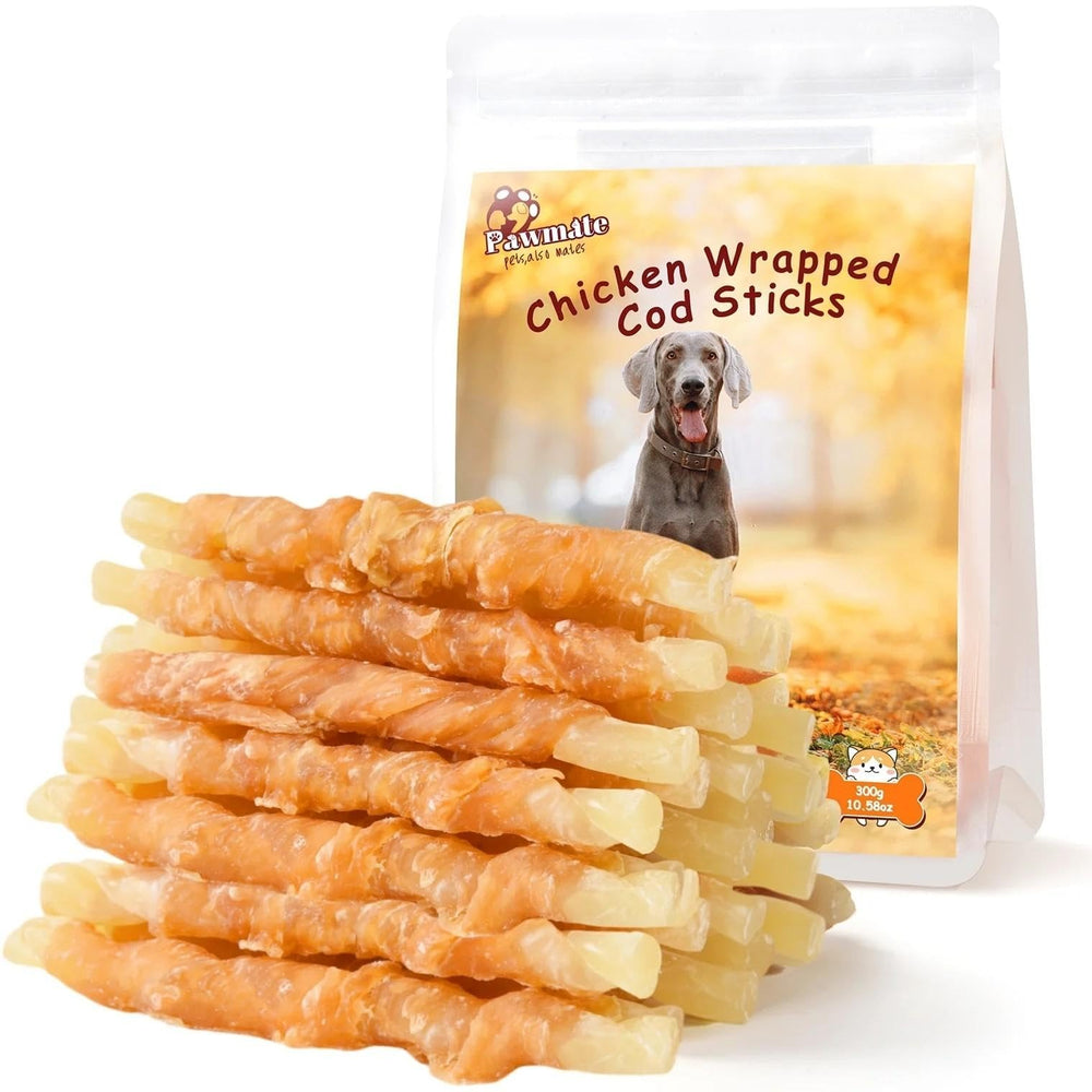 Pawmate palitos bacalao envueltos pollo: snack sabroso para entrenamiento diario.