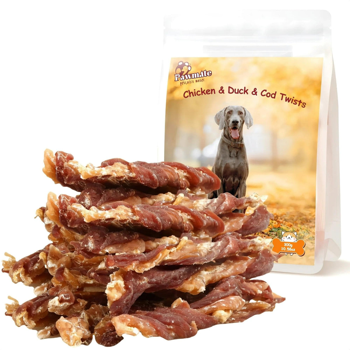 Pawmate tiras deshidratadas triple sabor pollo-pato-bacalao para entrenamiento y premiación