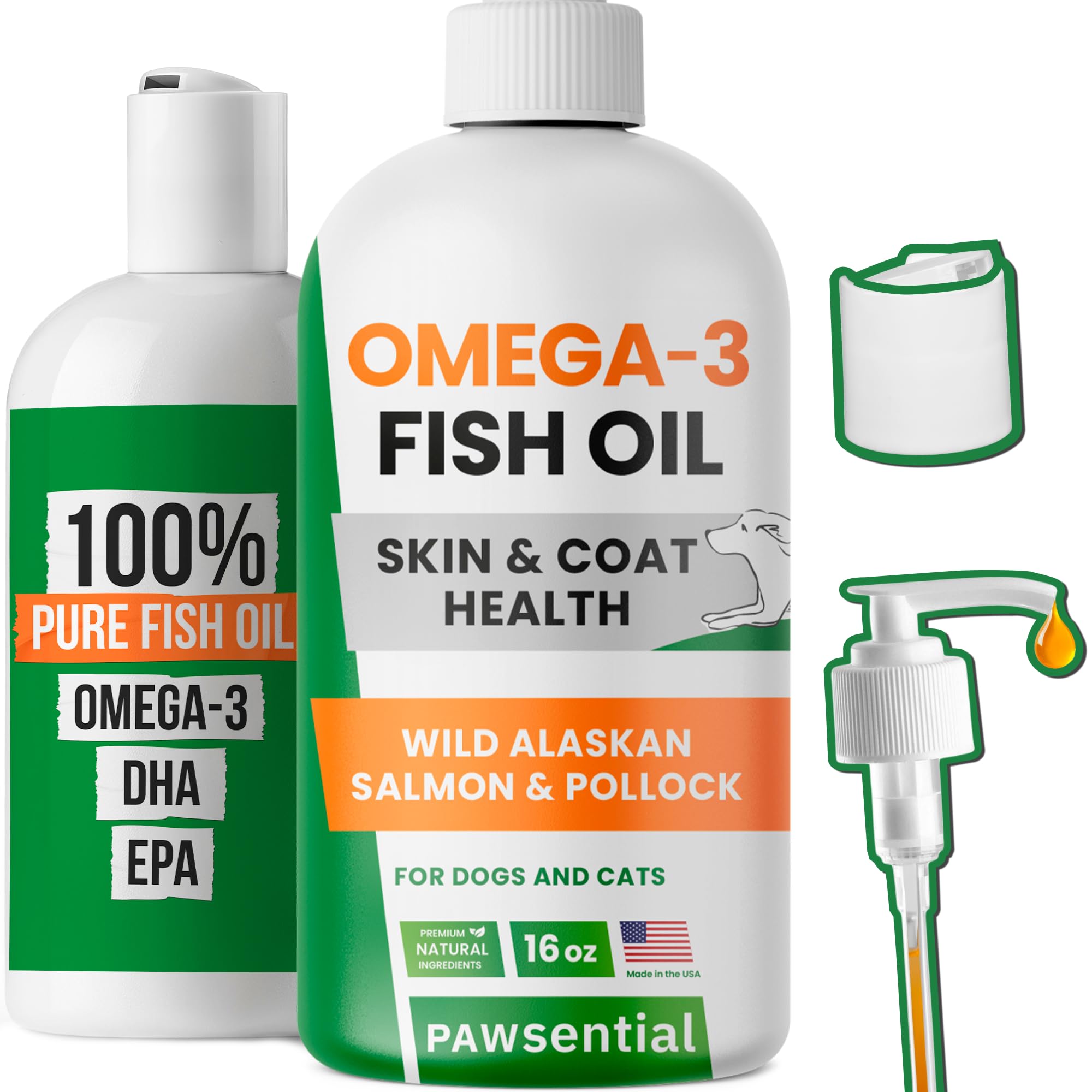 Pawsential aceite de pescado salmón de Alaska en botella, nutrición del pelaje destacada.