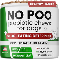 Pawsential No Poo masticables sabor carne para apoyar la digestión y reducir el consumo de heces.
