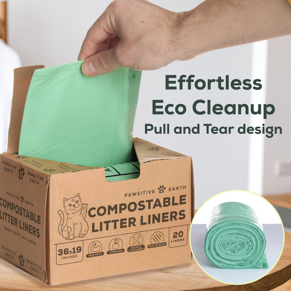 Bolsas compostables para arena de gato, opción ecológica de Pawsitive Earth.