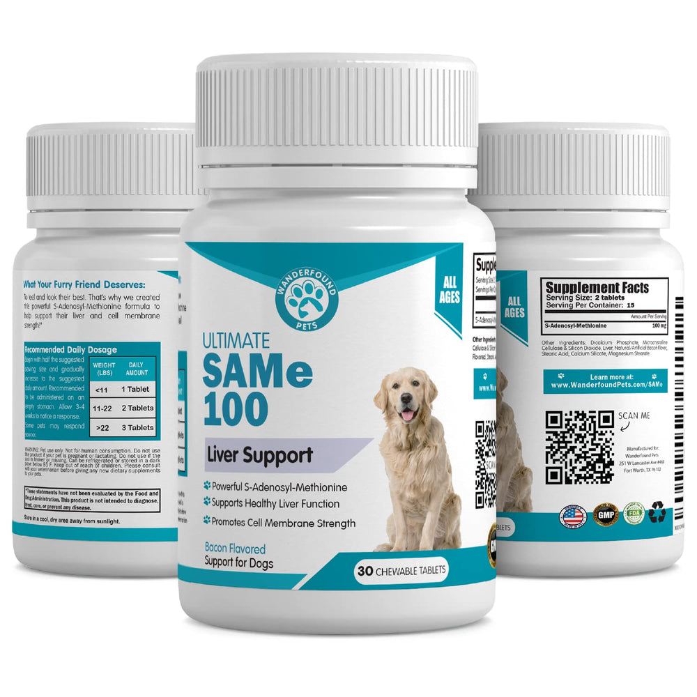 Frasco Wanderfound SAMe de Pawsitive para dosificación diaria sencilla.