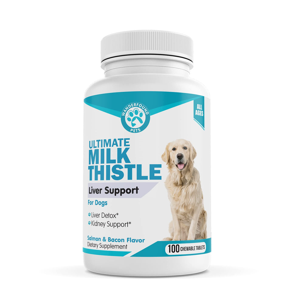 Pawsitive Wanderfound Pets Milk Thistle: frente de la botella, apoyo suave para el hígado.