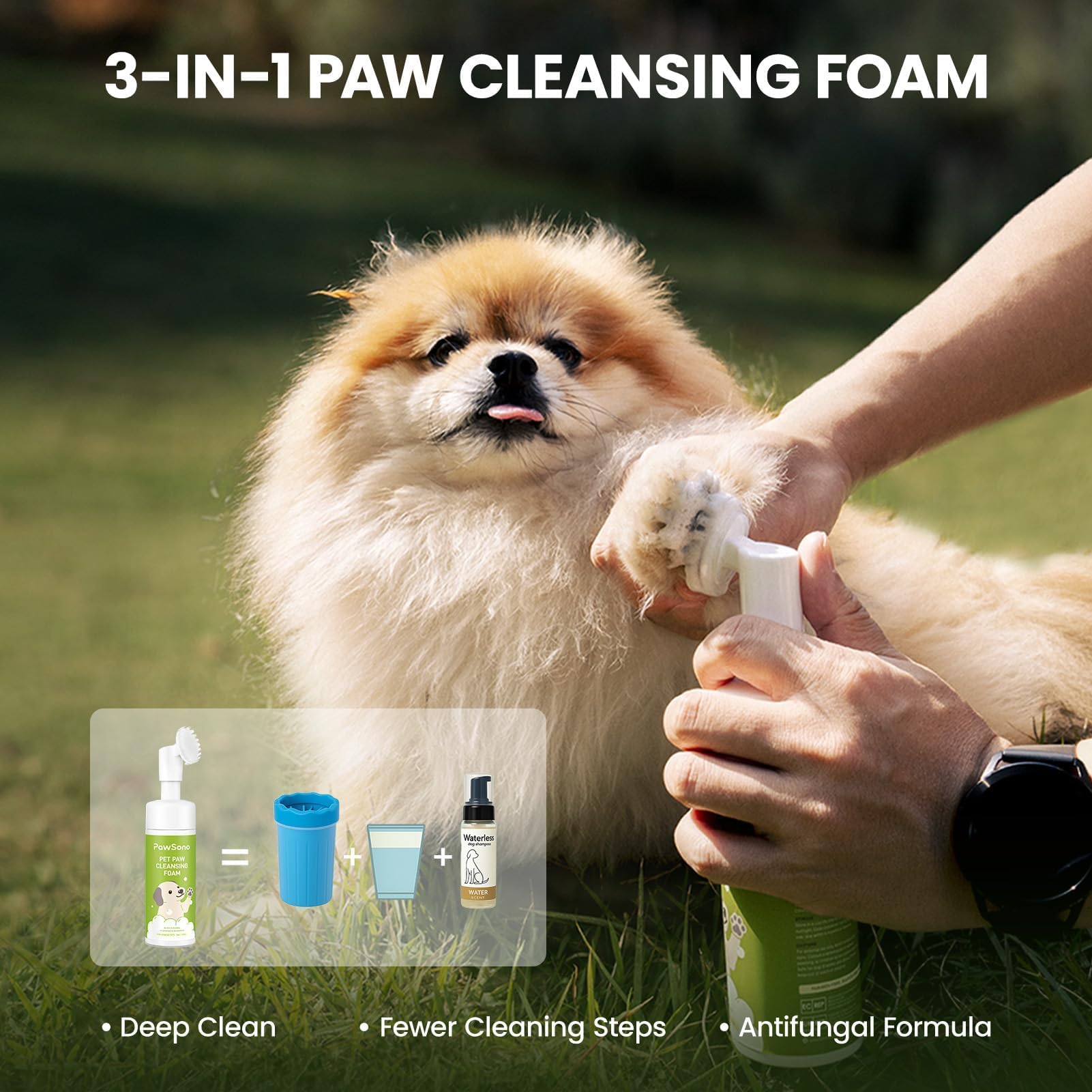 PawSono built-in scrubber brush gently lifts dirt between paw pads.