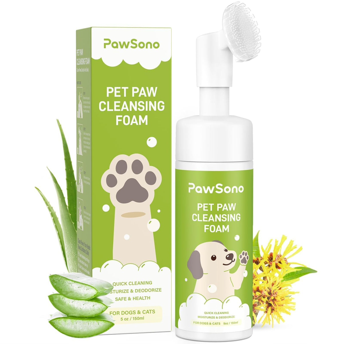 PawSono Paw Cleaner with foaming no-rinse action cleans muddy paws after walks.