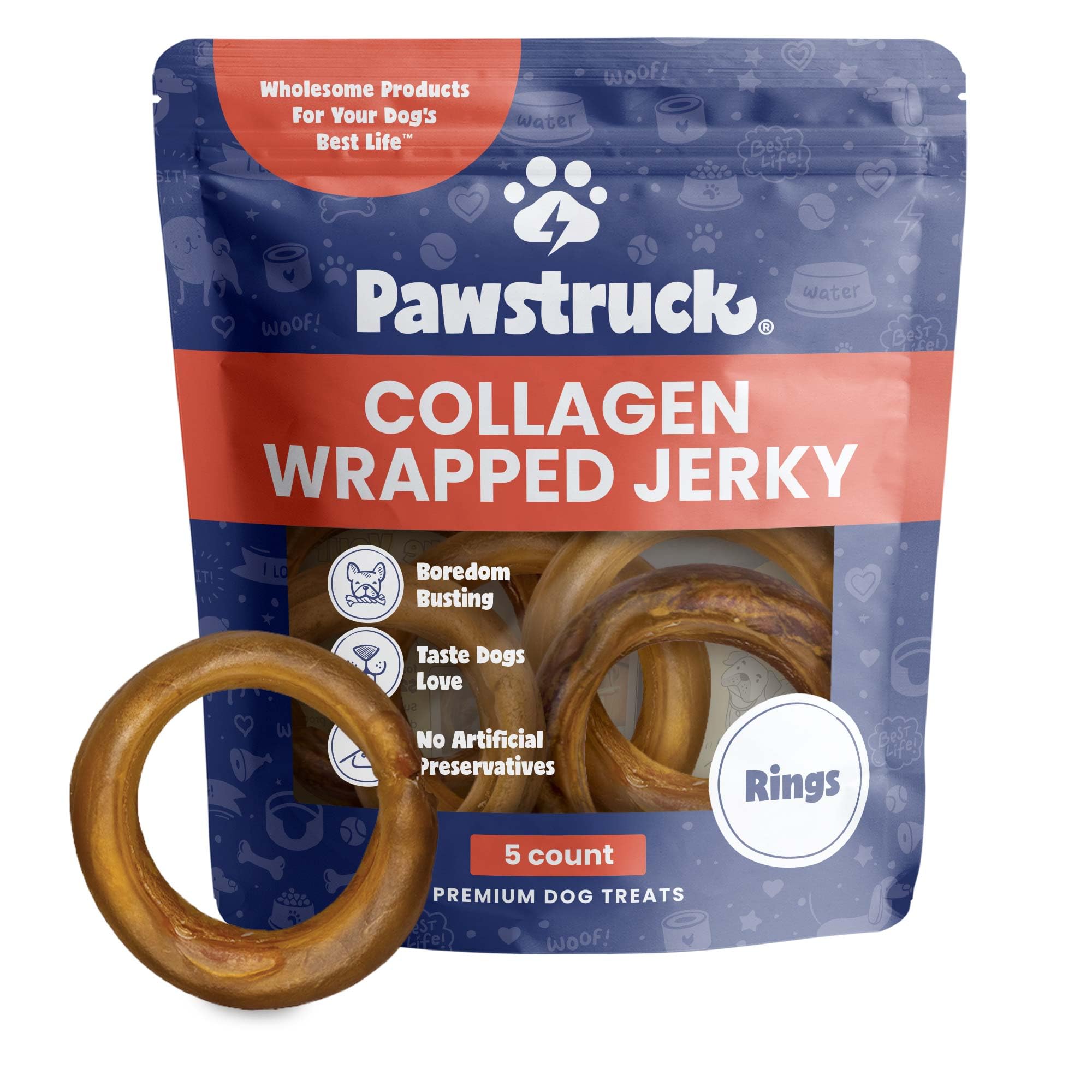 Pawstruck 2-en-1 Jerky envuelto en colágeno – anillos: snack sabroso para entretenimiento y salud dental.