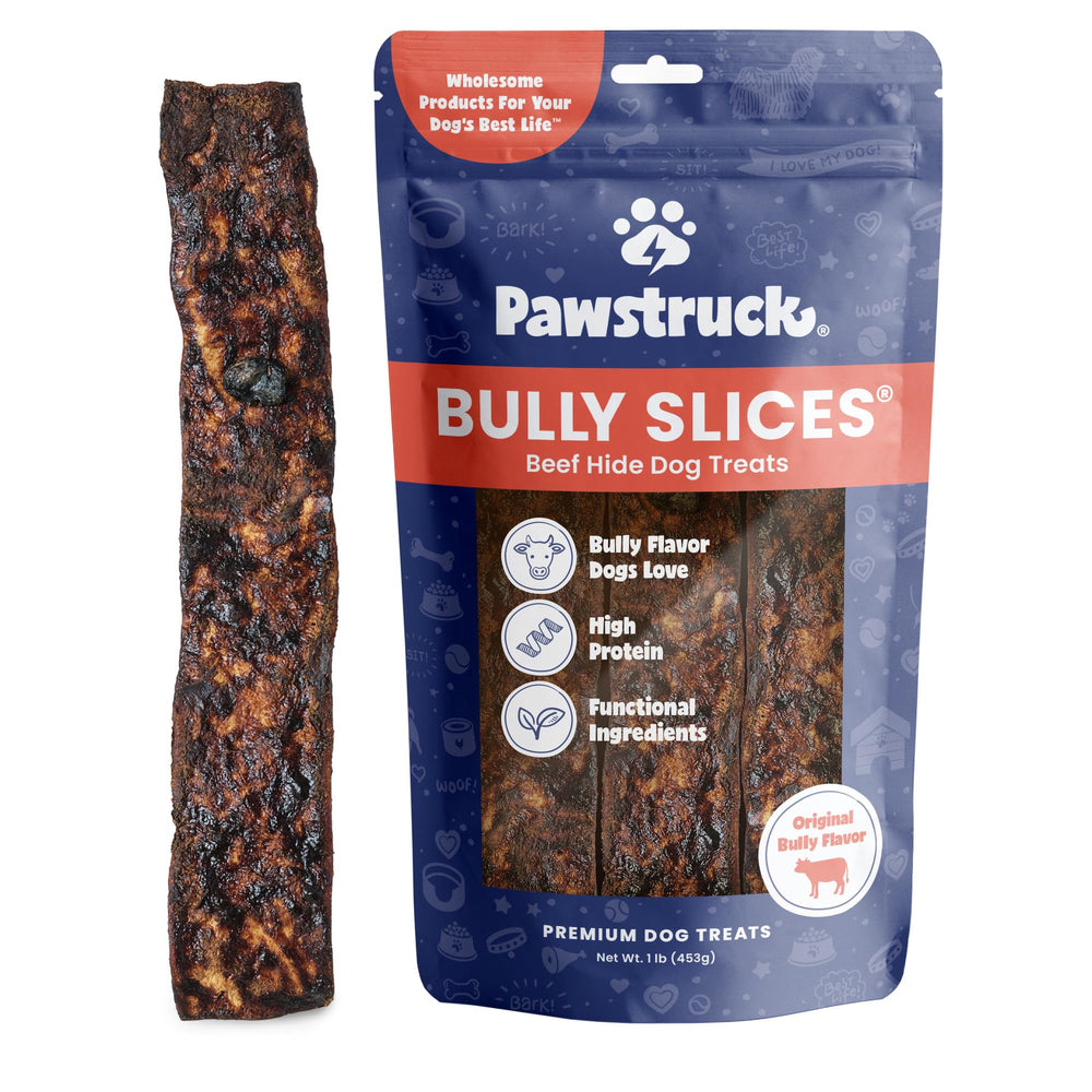 Pawstruck Bully Slices palitos de rawhide sabor carne para masticación prolongada.
