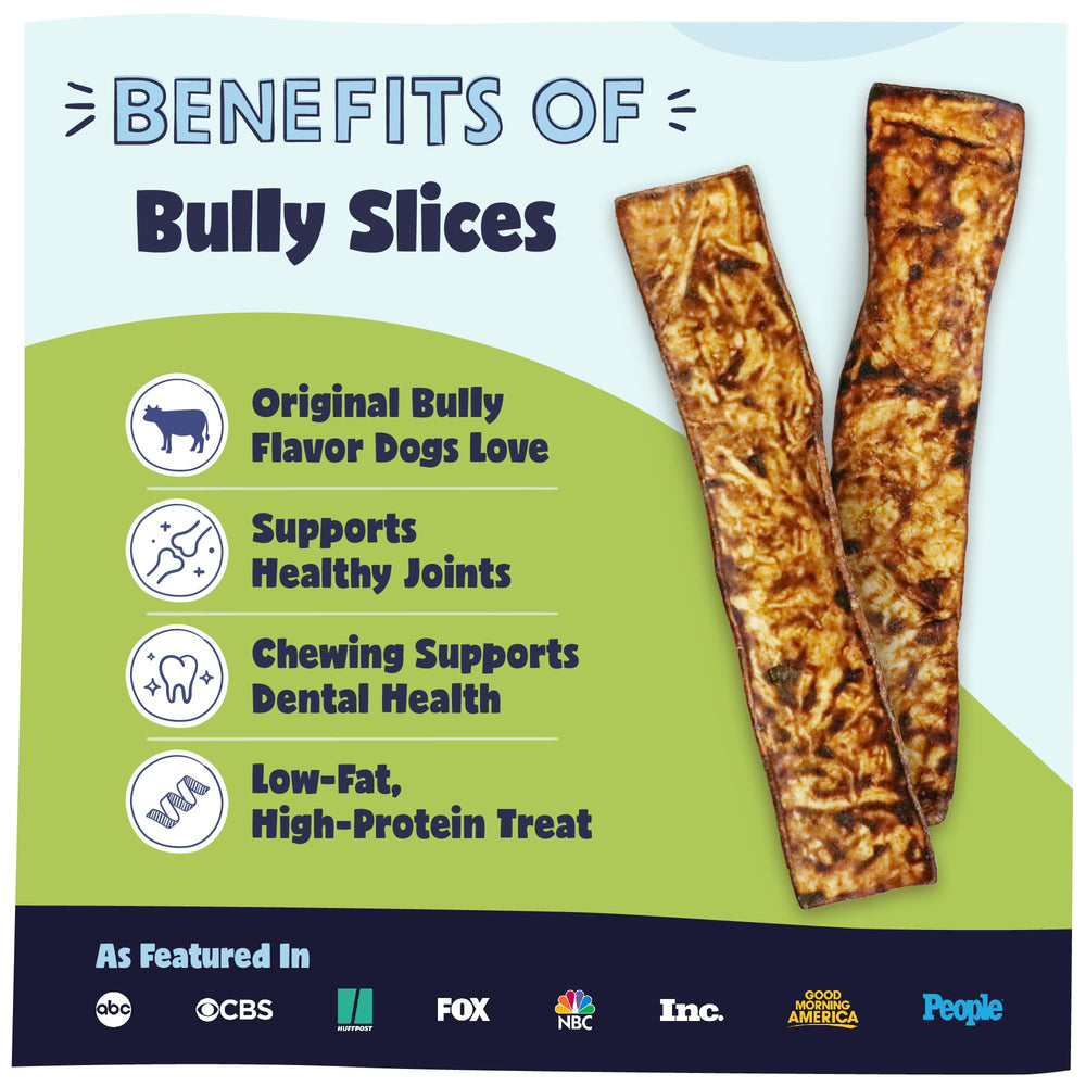 Pawstruck Bully Slices muestra rebanadas de piel de res digestibles.