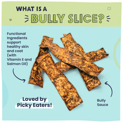 Pawstruck Bully Slices sabor carne opción baja en grasa para snacks.