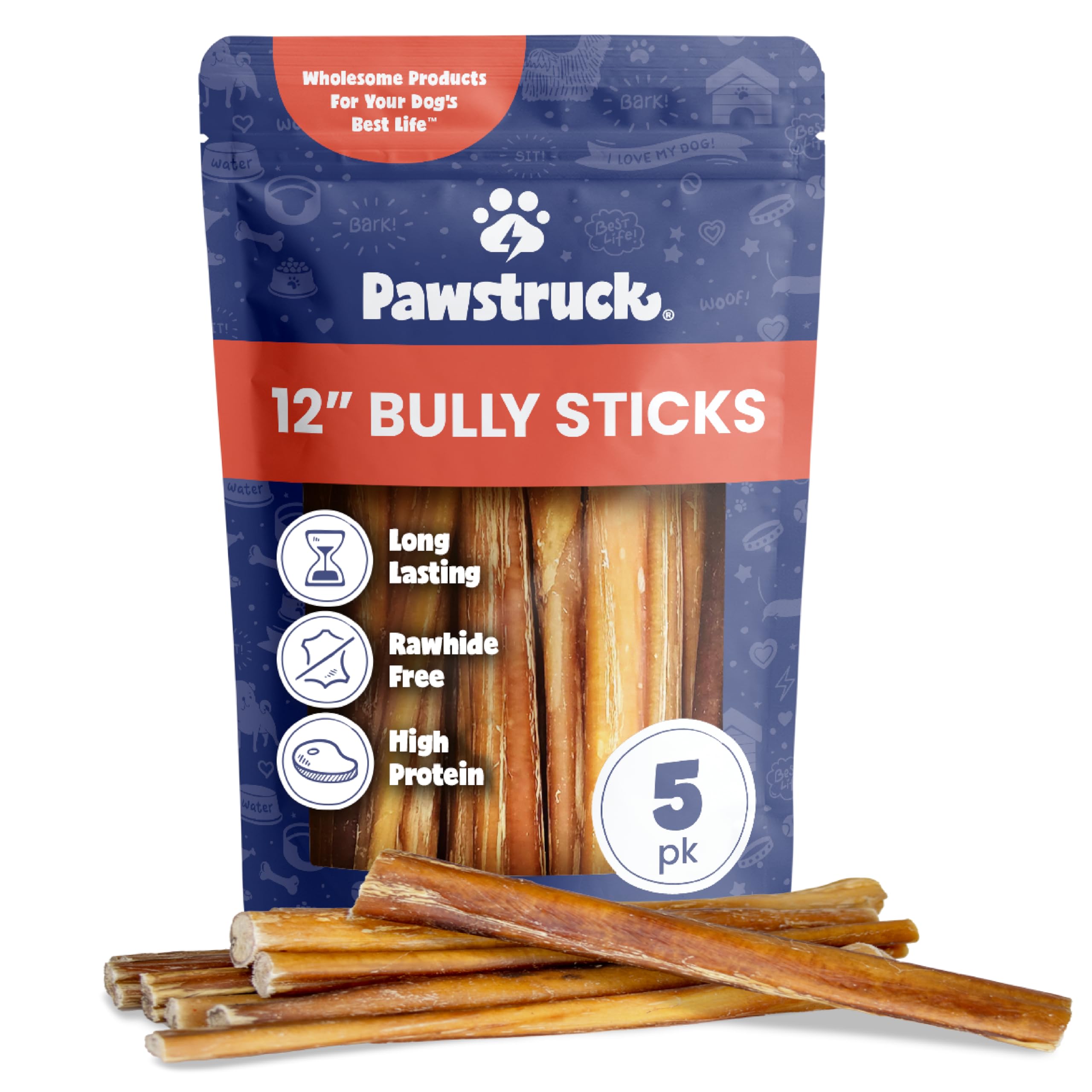 Pawstruck Bully Sticks 12 pulgadas en empaque, ideal para masticación prolongada