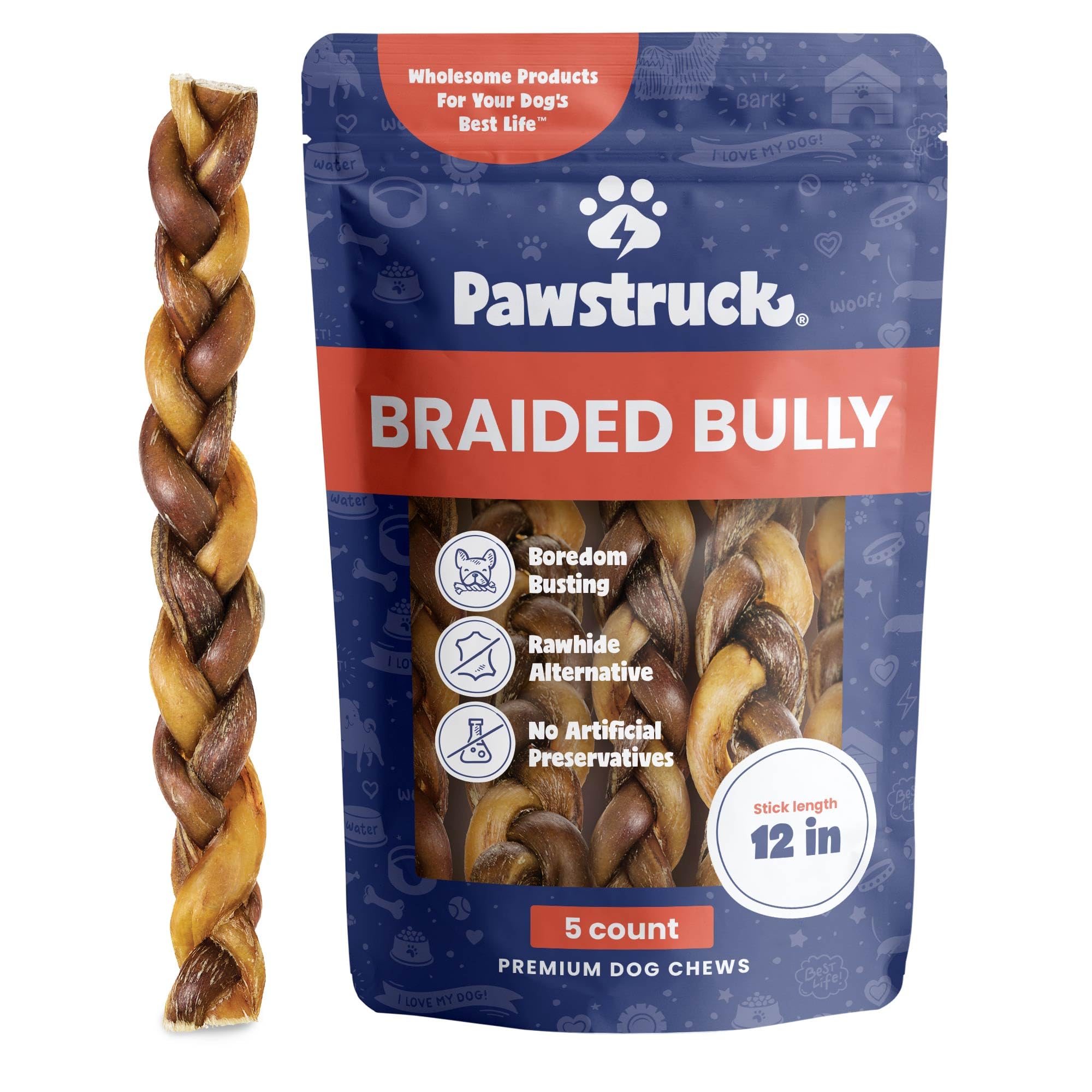Pawstruck palitos trenzados de res, textura dura para perros activos.