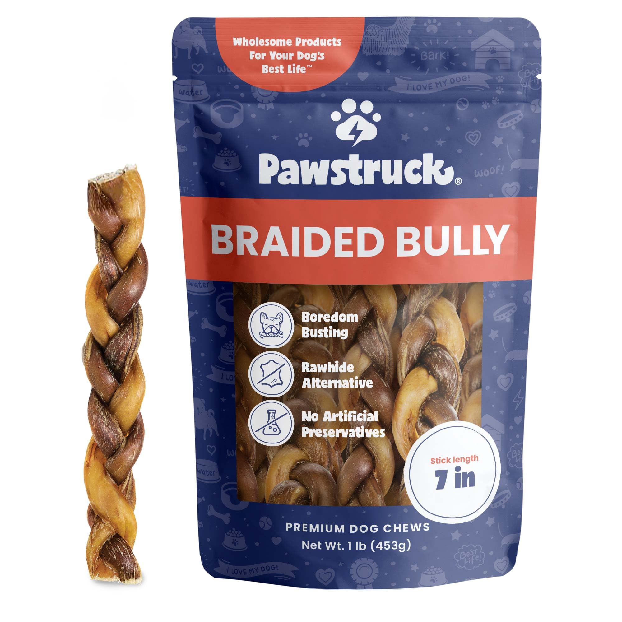 Pawstruck palitos trenzados de res, 7 pulgadas, masticación duradera.