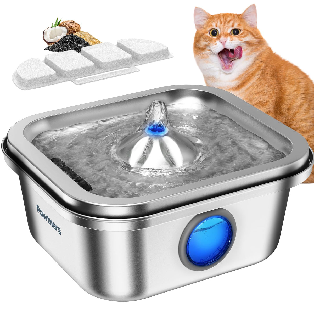 Pawtners fuente de agua para gatos de acero inoxidable 4L, ideal para hidratación diaria.