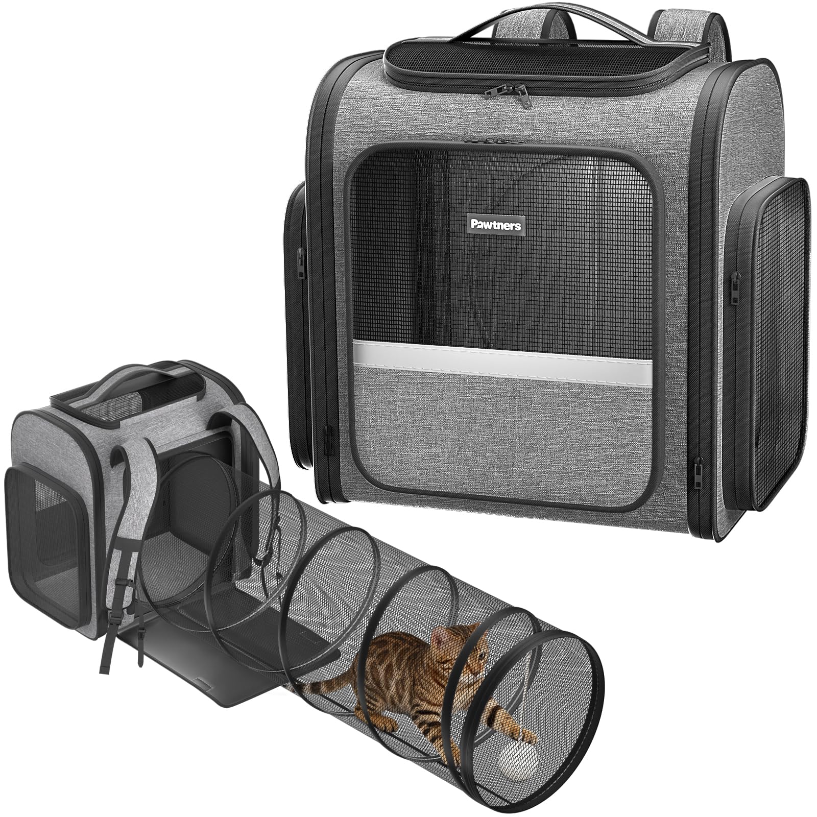 Pawtners Mochila para gato con tunel juego desmontable para aventuras seguras.