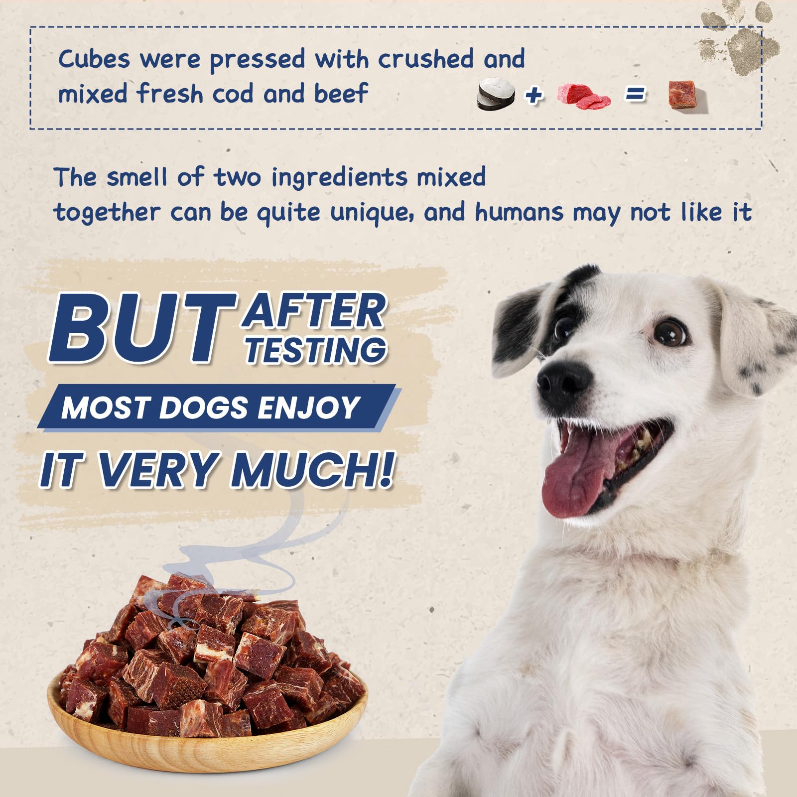 PAWUP premio sabroso de bacalao y carne para perros durante sesiones.