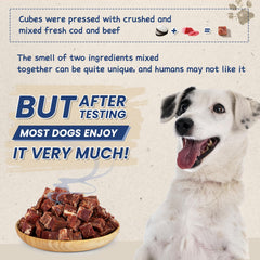 PAWUP premio sabroso de bacalao y carne para perros durante sesiones.