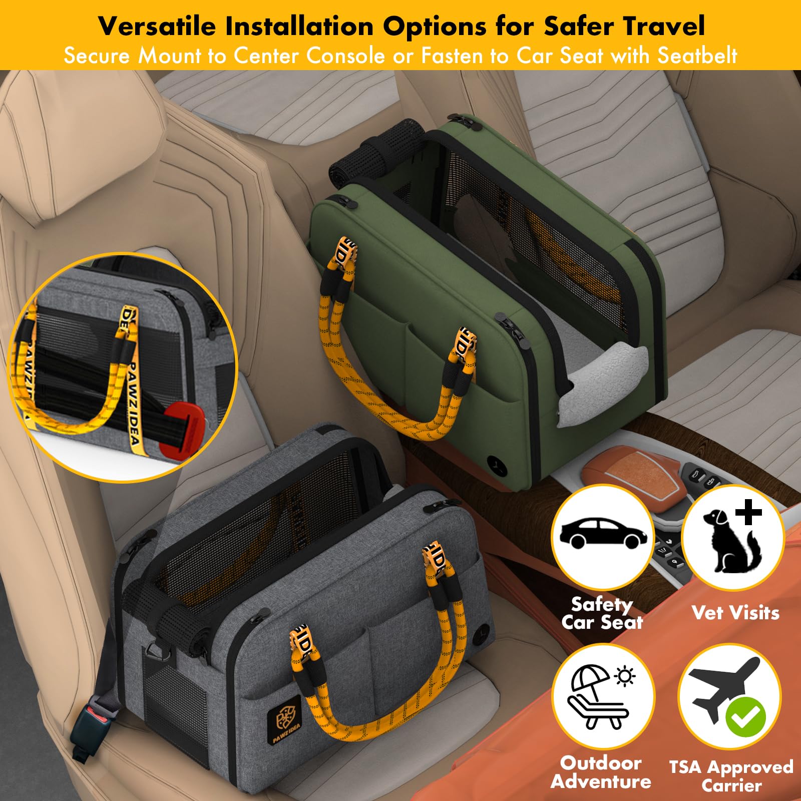 PAWZIDEA asiento consola para perro apto para TSA y viajes aéreos.