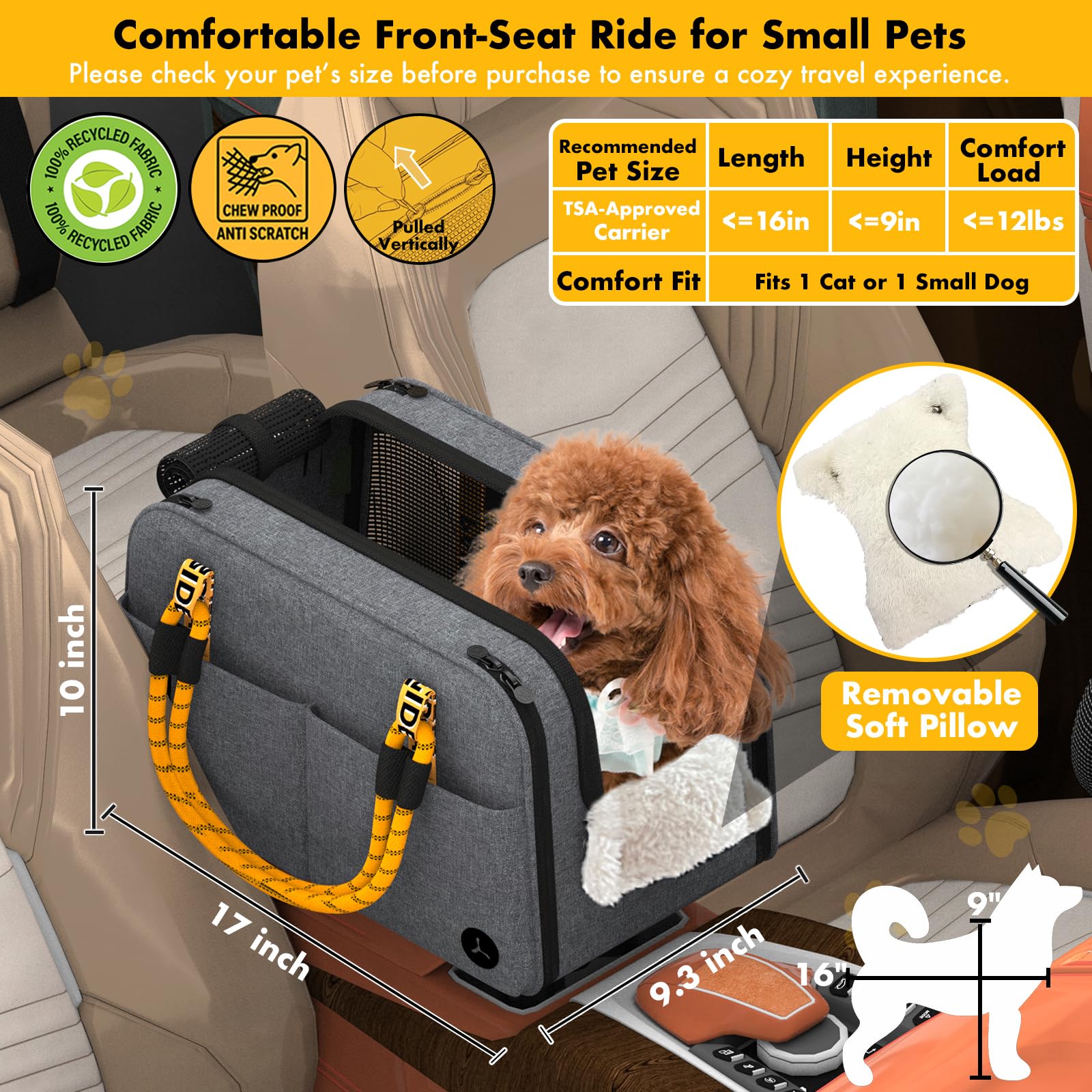 PAWZIDEA asiento consola para perro con bolsillos laterales para accesorios.