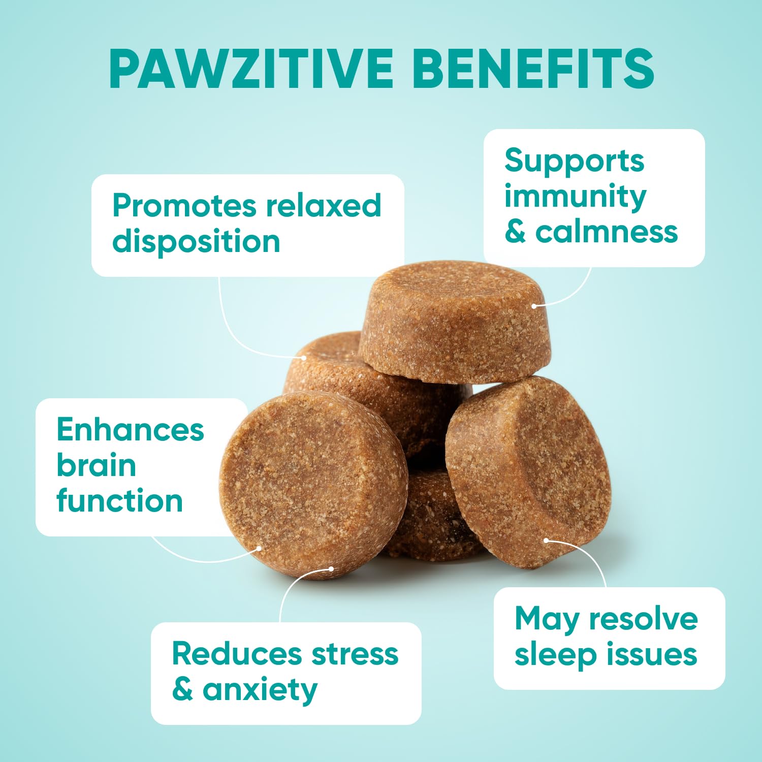 Pawzitive Pets Calming Chews: etiqueta clara para identificar el producto.