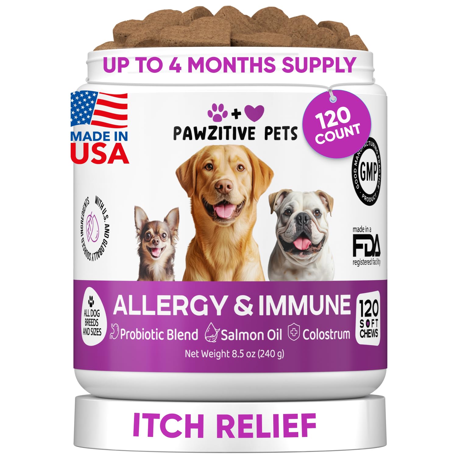 Pawzitive Pets masticables para alergias en empaque, alivio potencial para la piel.