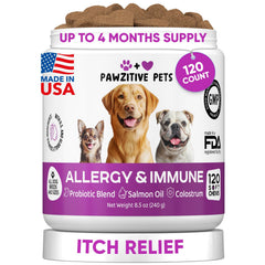 Pawzitive Pets masticables para alergias en empaque, alivio potencial para la piel.