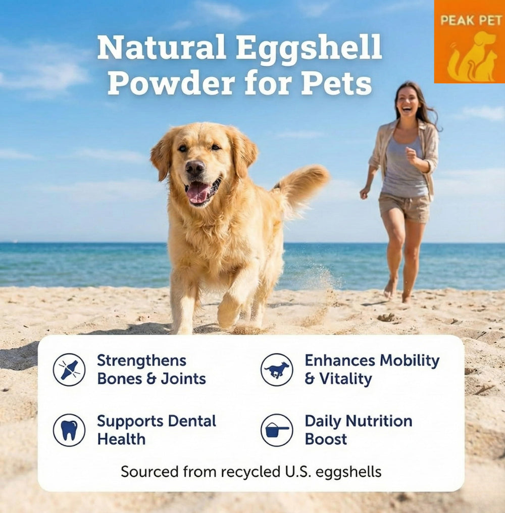 PEAK PET envase-polvo-cascara-huevo muestra fórmula natural para mascotas.