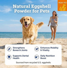 PEAK PET envase-polvo-cascara-huevo muestra fórmula natural para mascotas.