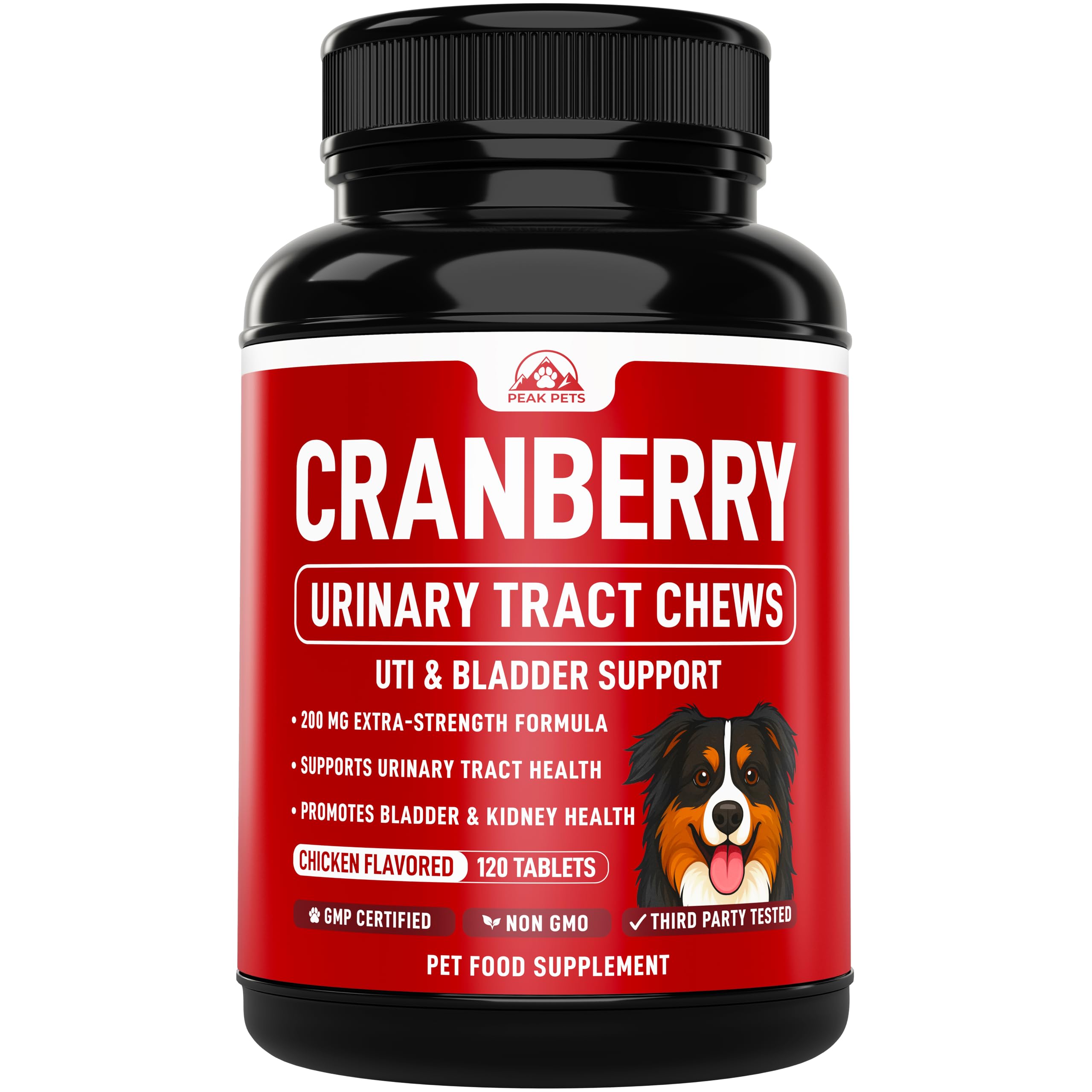 Peak Pets Cranberry para perros: frasco de 120 tabletas con sabor pollo para soporte urinario.