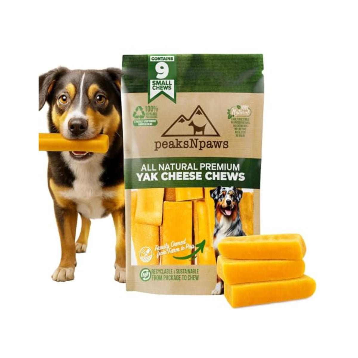 peaksnpaws queso yak del Himalaya, frente al empaque, premio natural para perros pequeños.