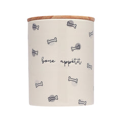 Jarre Pearhead Bone Appétit en céramique beige avec couvercle bois, rangement élégant des friandises.