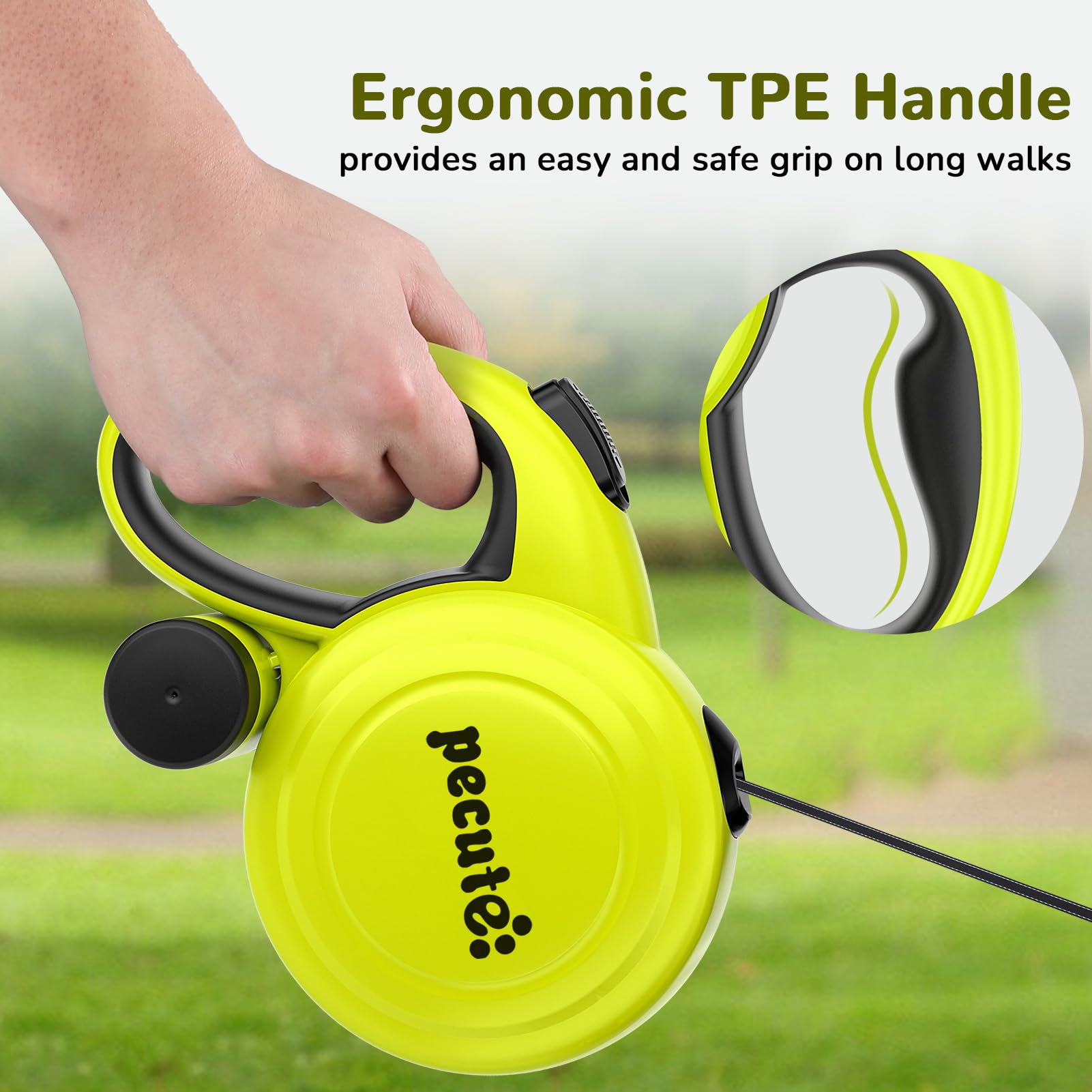 Pecute correa retractil mango ergonómico de TPE para agarre cómodo.