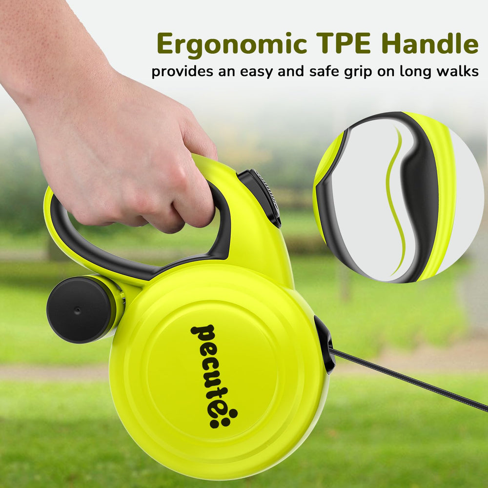 Pecute correa retractil mango ergonómico de TPE para agarre cómodo.