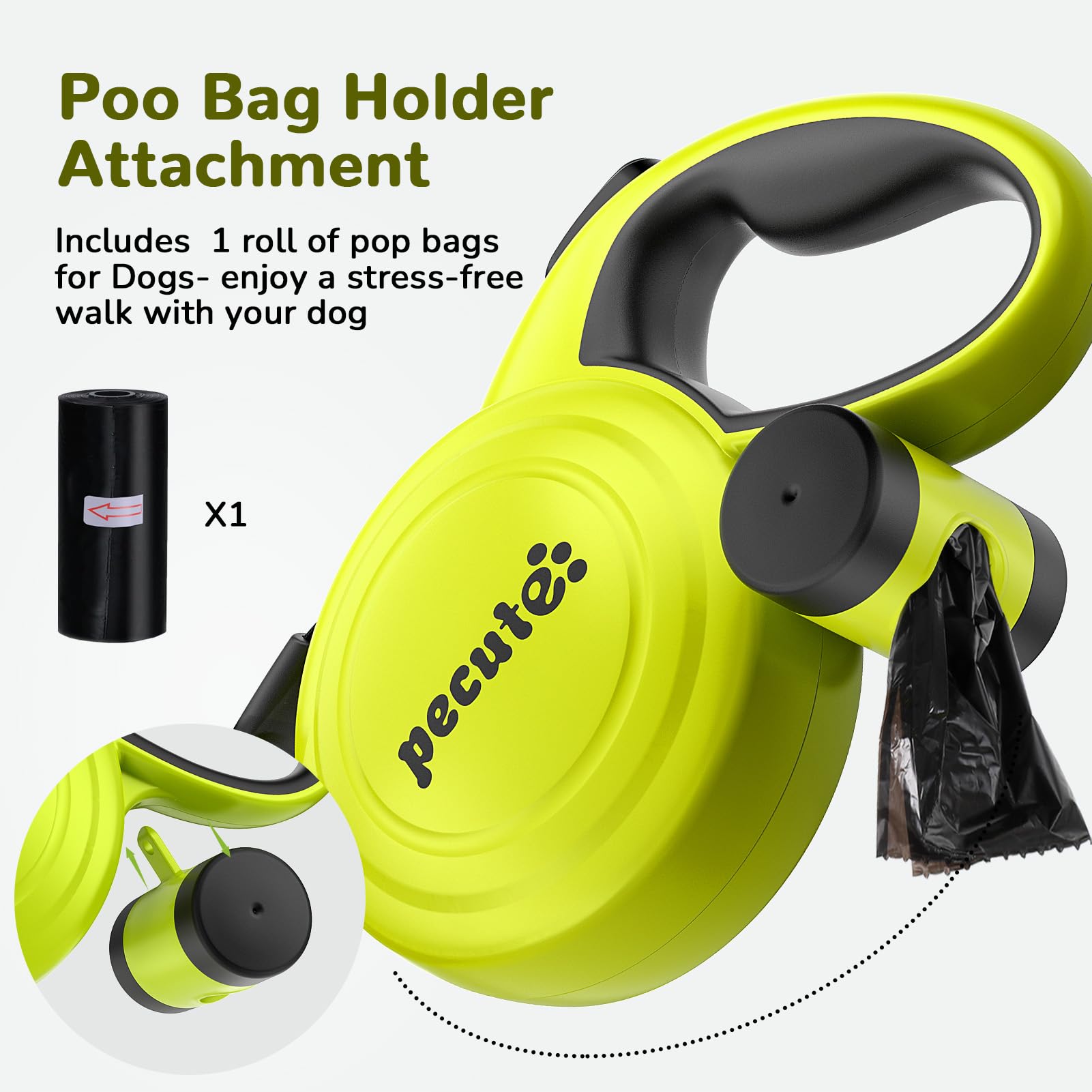 Pecute correa retractil porta bolsas integrado para conveniencia.