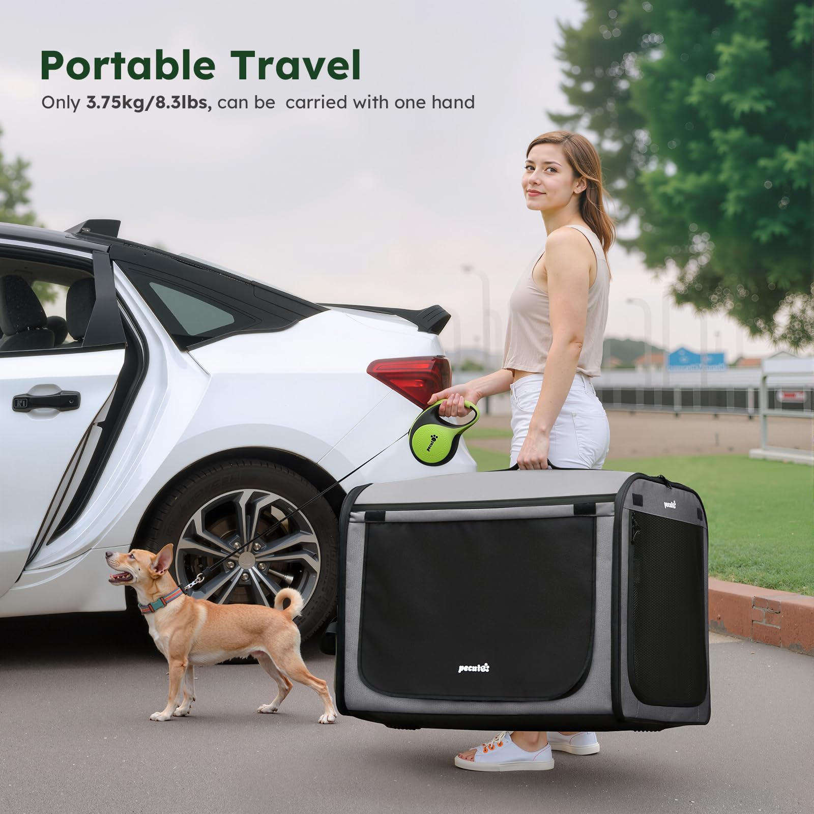Jaula de Pecute para perro grande con uso portátil y fácil de guardar.