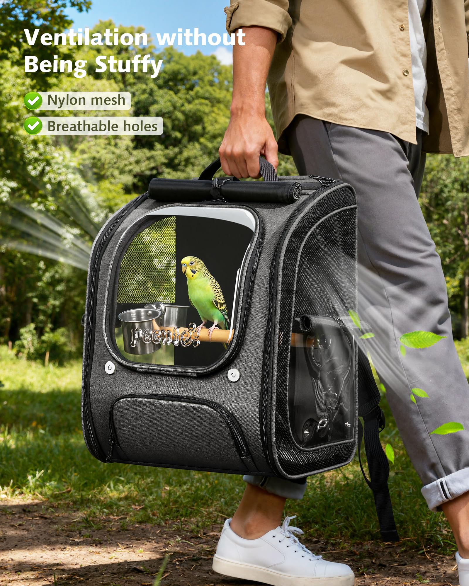 Pecute Mochila para aves se pliega para almacenamiento compacto.